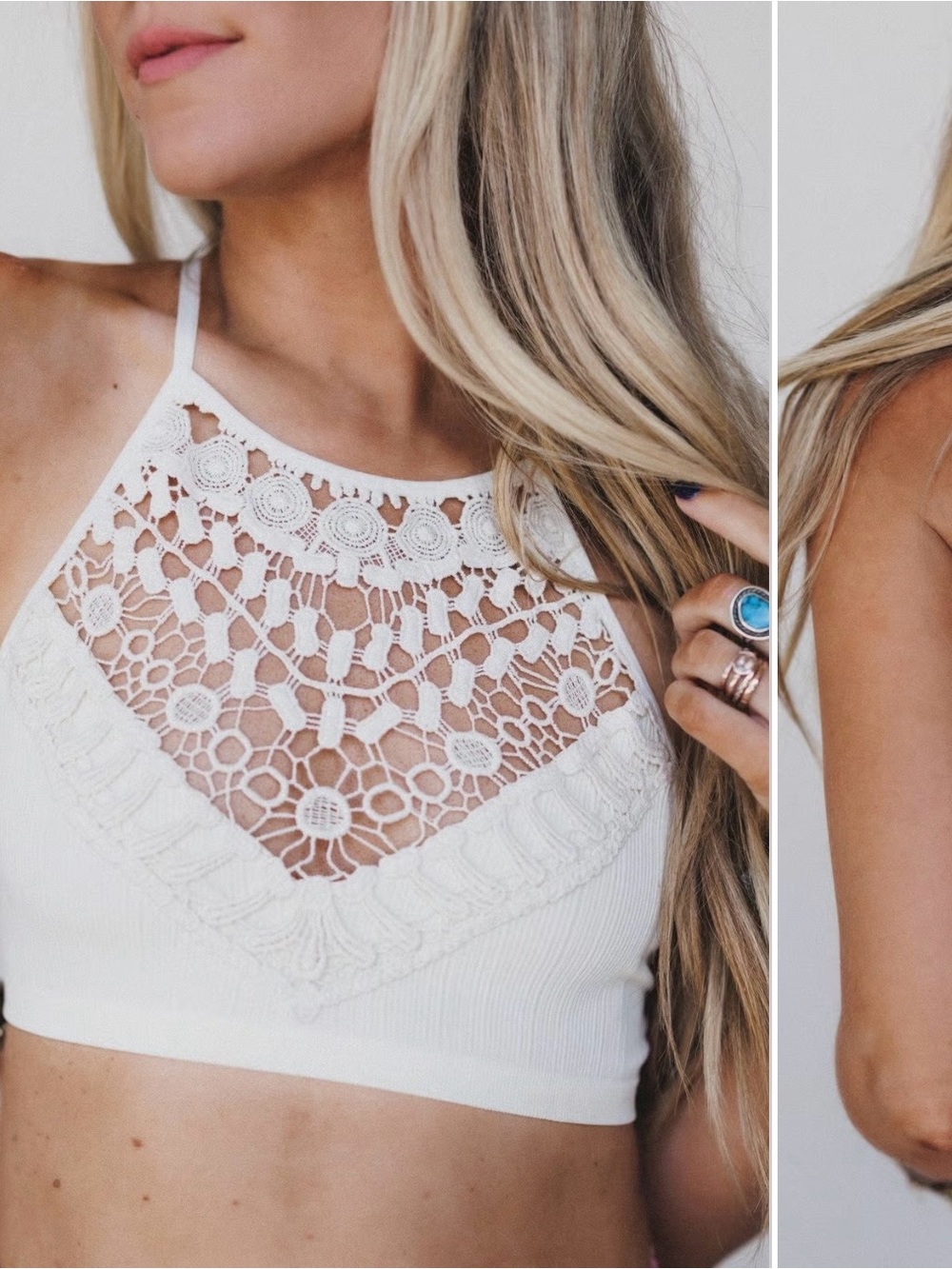 Three Bird Nest Crochet Lace High-Neck Bandeau - Cream